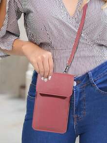 Women's Chic Cell Phone Crossbody Purse - Solid Color Mini Shoulder Bag With Adjustable Strap, Transparent Window & Card Slots For Shopping & Daily Use - 粉色 - 查看 3