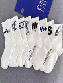 5 Pairs Random Letter Print Men's Mid-Calf Socks, Minimalist & Fashionable, White Socks, Autumn - Multicolor - View 7