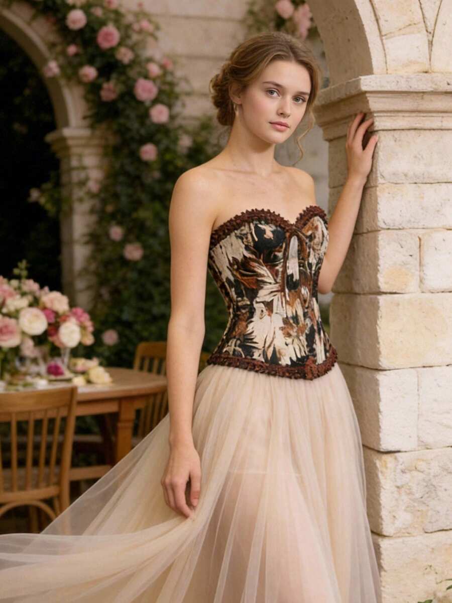 Áo croptop cúp ngực thời trang mới, áo kiểu ôm sát gợi cảm kiểu vintage buộc dây, phù hợp cho tiệc Giáng sinh, năm mới, Lễ Tạ ơn, Ngày Valentine và các dịp khác. - Màu Khaki - Xem 1