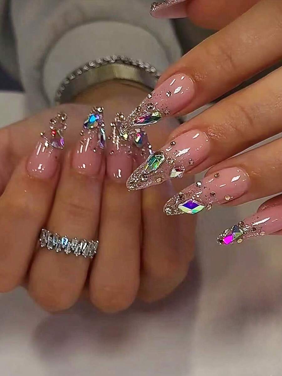 Y2K 全息亚克力美甲贴 24 件套，尖头按压式美甲贴纸，DIY 彩色水晶水钻装饰假指甲，适用于美甲沙龙、女孩和女士日常美甲护理、节日派对和礼物 - 彩色 - 查看 1