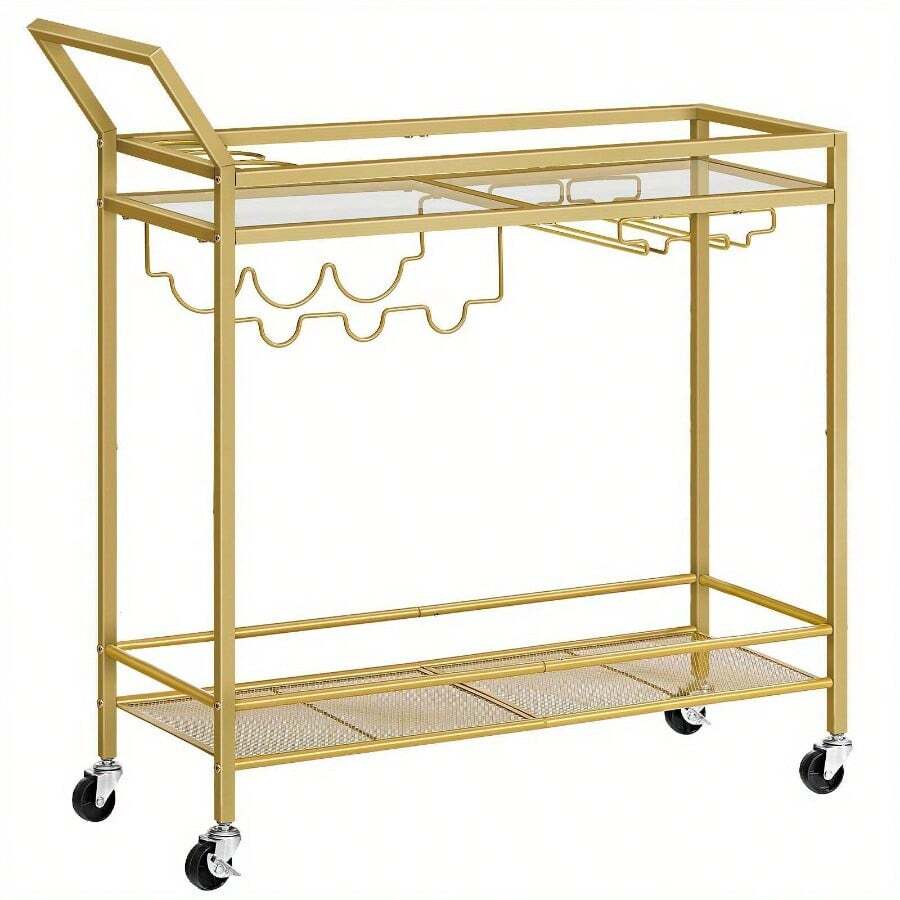 [Golden Bar Cart] Golden 2-Tier Bar Cart With Wine Rack And Glass Holder | Kitchen Serving Cart With Wheels And Guard Rails For Dining Room, Living Room, Party, Home - Golden Color - View 1