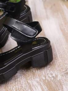 新款女童厚底黑色凉鞋，蝴蝶结布艺魔术贴设计，圆头，适合夏季、校园、度假穿着 - 黑色 - 查看 7