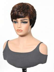 Ombre Brown And Black Short Straight Chic Pixie Cut Blended Wig With Bangs 150% Density 6 Inches Blend Hair Wig Suitable For Daily Party Festival And Cosplay Wigs For Women Hairstyle - S1/4 - View 3