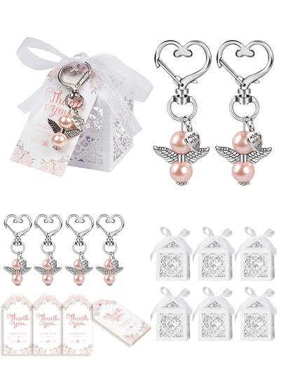 1 Set/12 Sets de regalos de recuerdo para invitados que incluyen llaveros de ángel, cajas de recuerdos y tarjetas de agradecimiento para favores de bautizo. Adornos, encantos de bolso, llavero de coche, cordón para llave, portallaves, accesorios de llavero, llavero. Regalos para la ducha nupcial, regalos de fiesta de cumpleaños, regalos de boda para los invitados.