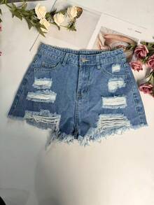 女士休闲破洞牛仔短裤，带口袋和拉链，无弹力直筒裤型 - 藍色 - 查看 3