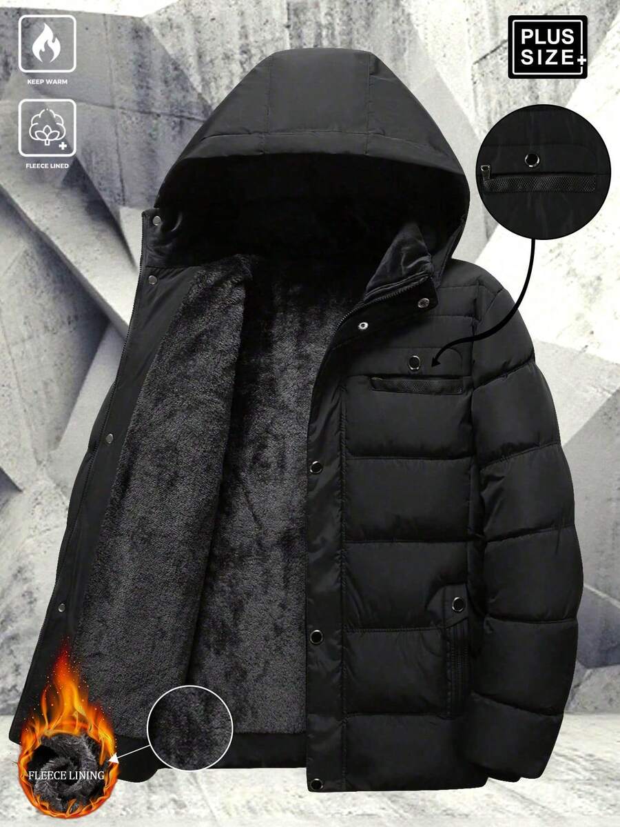 Winter Plus Size Men's Fashion Outdoor Casual Winter Zip-Up Hooded Multi-Pocket Button Thick Warm Lined Windbreaker Jacket, Suitable For Outings, Hiking, Fishing, Party, Running, Great Gift For Boyfriend, Husband, Graduation, Father