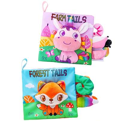 蒙特梭利软布书，带3D动物尾巴，感官互动学习玩具，适合新生儿、婴儿（0-12个月）和幼儿