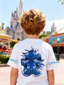 Disney Boys' T-Shirt, Creative Stitch Multi-Position Cartoon Alphabet Design Double-Sided Print, Summer Boys' Cotton Crew Neck Short Sleeve, Suitable For Everyday Wear, Vacations, Outdoor Activities, And As A Gift For Children. - 白色 - 查看 2