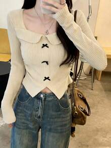 复古美式时尚蝴蝶结领长袖T恤，女士短款修身休闲T恤，2025秋季款 - 杏色 - 查看 3