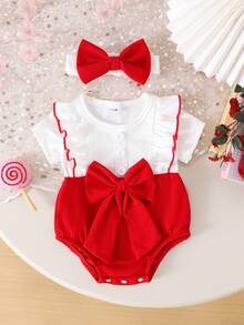 1 bộ áo liền quần tay ngắn màu trắng viền đỏ dễ thương, thoải mái cho bé gái sơ sinh/trẻ nhỏ, kiểu dáng mùa hè nhẹ nhàng. - Đỏ - Xem 1