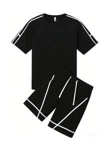 2pcs/Set Summer New Fashionable Loose Comfortable Casual T-Shirt And Shorts Set For Young Men - Black - View 2