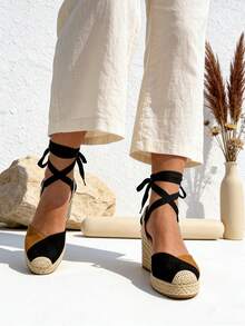 Sandalias alpargats con cuña altas y cordones para mujer,Zapatos de esparto para mujer primavera verano con diseño de cuña atada y combinaciones de colores ideales para trabajo oficina vacaciones y citas - Negro - Ver 5