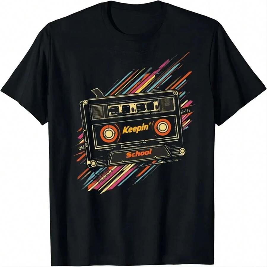 Cinta de casete de mezcla vintage de hip hop de la vieja escuela de los 80 y 90 con camiseta, camiseta de cuello redondo para mujeres - Negro - Ver 1