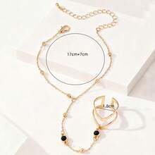 1pc Elegant Chain-Style 2-In-1 Double V Ring Bracelet, Bohemian Gold Chain With Black Faux Gemstone, Adjustable Wrist Cuff Bracelet Ring Set, Suitable For Women Wedding, Party, Travel - Gold - View 5