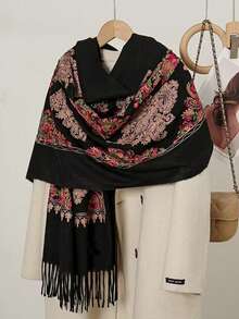 1件装女士秋冬仿羊绒刺绣围巾，加厚保暖流苏刺绣波西米亚风旅行披肩斗篷 - 黑紅 - 查看 1