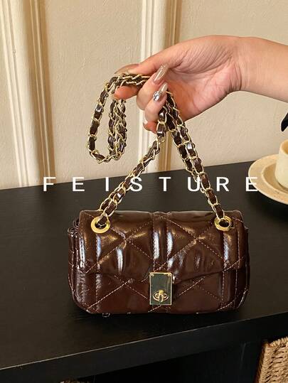 1pc FEISTURE Solid Color PU Quilted Flap Chain Shoulder Bag, Fashion Women's Crossbody Bag, Suitable For Girls, Ladies, College Students, Young Professionals, Great For Work, Business, Commute, School