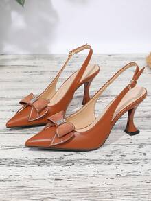 Sandal Stiletto Ujung Lancip dengan Dekorasi Pita, Sepatu Wanita Modis dengan Nuansa Mewah, Cocok untuk Kerja dan Perjalanan Sehari-hari - Burnt Orange - View 11