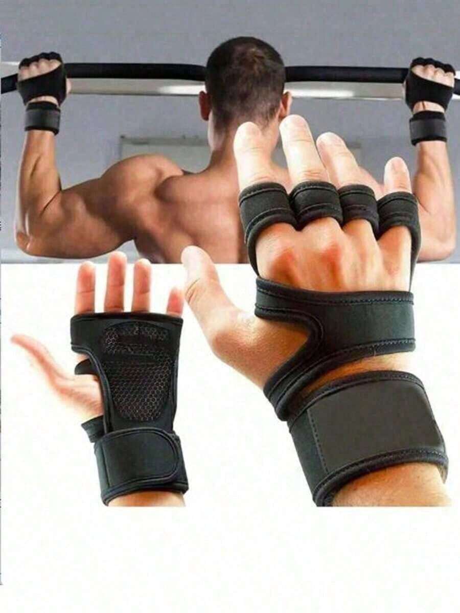 1 Pair Unisex Fingerless Sports Gloves Weightlifting, Gym Fitness Training With Hook & Loop Fastener - 黑色 - 查看 1