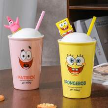 海绵宝宝大容量卡通吸管杯，情侣吸管水杯，陶瓷马克杯，家居礼品 - 彩色 - 查看 1