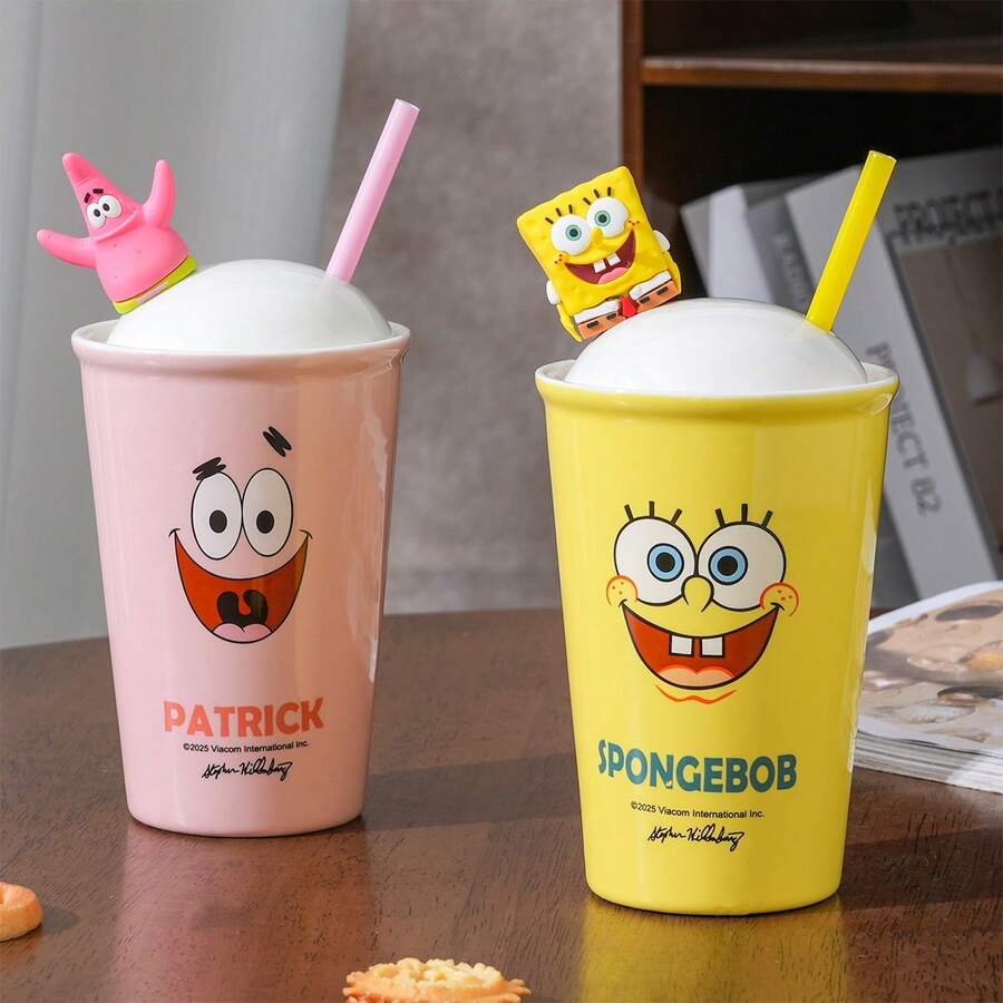 海绵宝宝大容量卡通吸管杯，情侣吸管水杯，陶瓷马克杯，家居礼品 - 彩色 - 查看 1