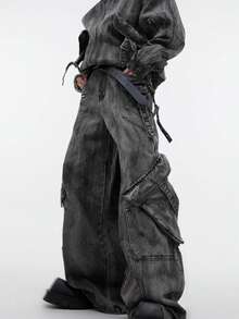 Conjunto de mezclilla para hombre chaqueta con cremallera y pantalones cargo de estilo retro vintage con bolsillos grandes efecto desgastado  urbana casual - Pantalones gris oscuro - Ver 1