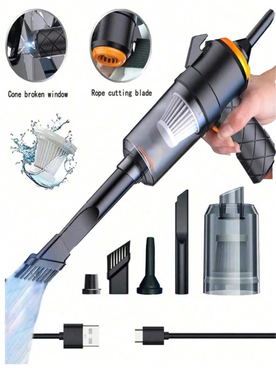 Aspiradora mini 6 en 1, alta potencia, súper succión, con funciones de emergencia: cuchilla para cortar cinturones de segurida  d, cono puntiagudo para romper ventanas; batería de litio recargable de ultra alta duración, aspiradora portátil imprescindible para vacaciones, veranos y viajes, aspiradoras para recolección de polvo, aspiración, inflado y otras funciones.