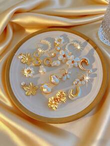 12pcs/6pcs/2pcs Set Vintage Elegant Bohemian Style Metal Multi-Element Baroque Faux Pearl Enamel Cat Eye Stone Bright Gold Square Stud Earrings, Minimalist Chic Luxury Versatile Earrings Suitable For Women, Men, Girlfriends, Vacation, Party, Wedding, Daily Matching, Ideal Gift For Valentine's Day, Mother's Day, Anniversary