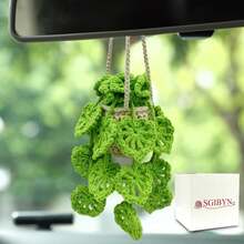 Crochet Hanging Plant For Car,Car Decorations Interior,Plant Aesthetic Car Accessories For Women Interior Cute,Car Ornaments Charms For Rear View Mirror,Boho Car Decoration Gifts - 薄荷綠葉草莓 - 查看 14