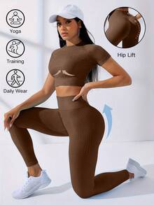 Workout Sets Outfits For Women – Yoga Leggings With Short Sleeve Crop Top, Slim Fit Tummy Control Butt Lifting Waist Shaping, Seamless Ribbed Texture, Breathable Soft Fabric, Non-Pilling, Perfect For Fall Winter Gym Yoga Running Fitness - 咖啡棕 - 查看 8
