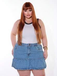 SAIA JEANS PLUS SIZE COM BABADO MODA FEMININA LANCAMENTO   Jeans    Zíper  Bolso    Diário    VERAO - Lavagem Média - Visão 13