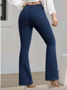 Women's Flare Jeans, Blue Wash, High Waist, Bell Bottom With Lycra. - 深色水洗藍 - 查看 2