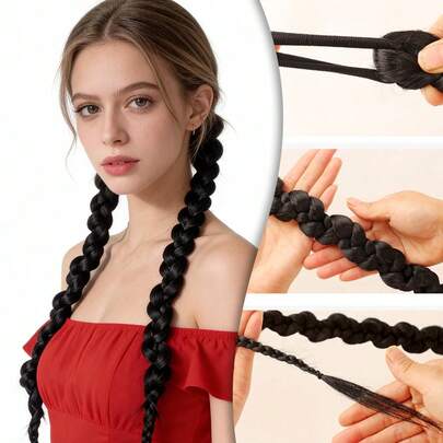 Tóc giả đuôi ngựa dài tết kiểu hộp xoắn 1 mảnh kèm dây buộc, tạo kiểu tóc búi dễ dàng cho hàng ngày và các dịp đặc biệt (không cần tết tóc).
