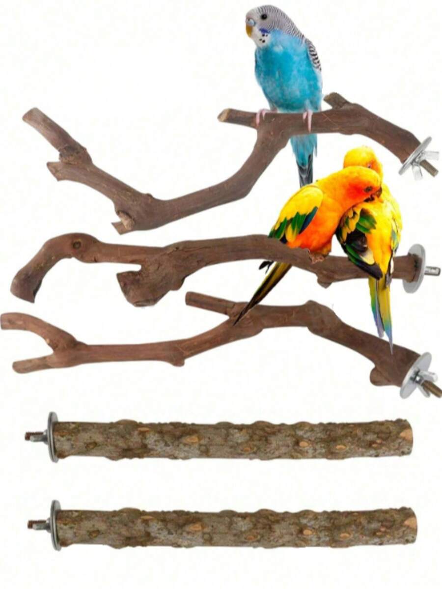 5pcs Bird Perch Set, Natural Wooden Parrot Perch Stand, 3pcs Grape Wood Perches, 2pcs Stands, Claw Grinder, Tiger Stripe Parrot Chew Stick, Training Branches, Suitable For Cockatiel, Small & Medium Birds - Brown - View 1