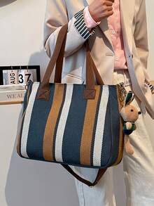 1pc Striped Contrast Color Large Capacity Canvas Tote Bag With Pendant, Exclusive For School And Daily Use - Multicolor - View 6