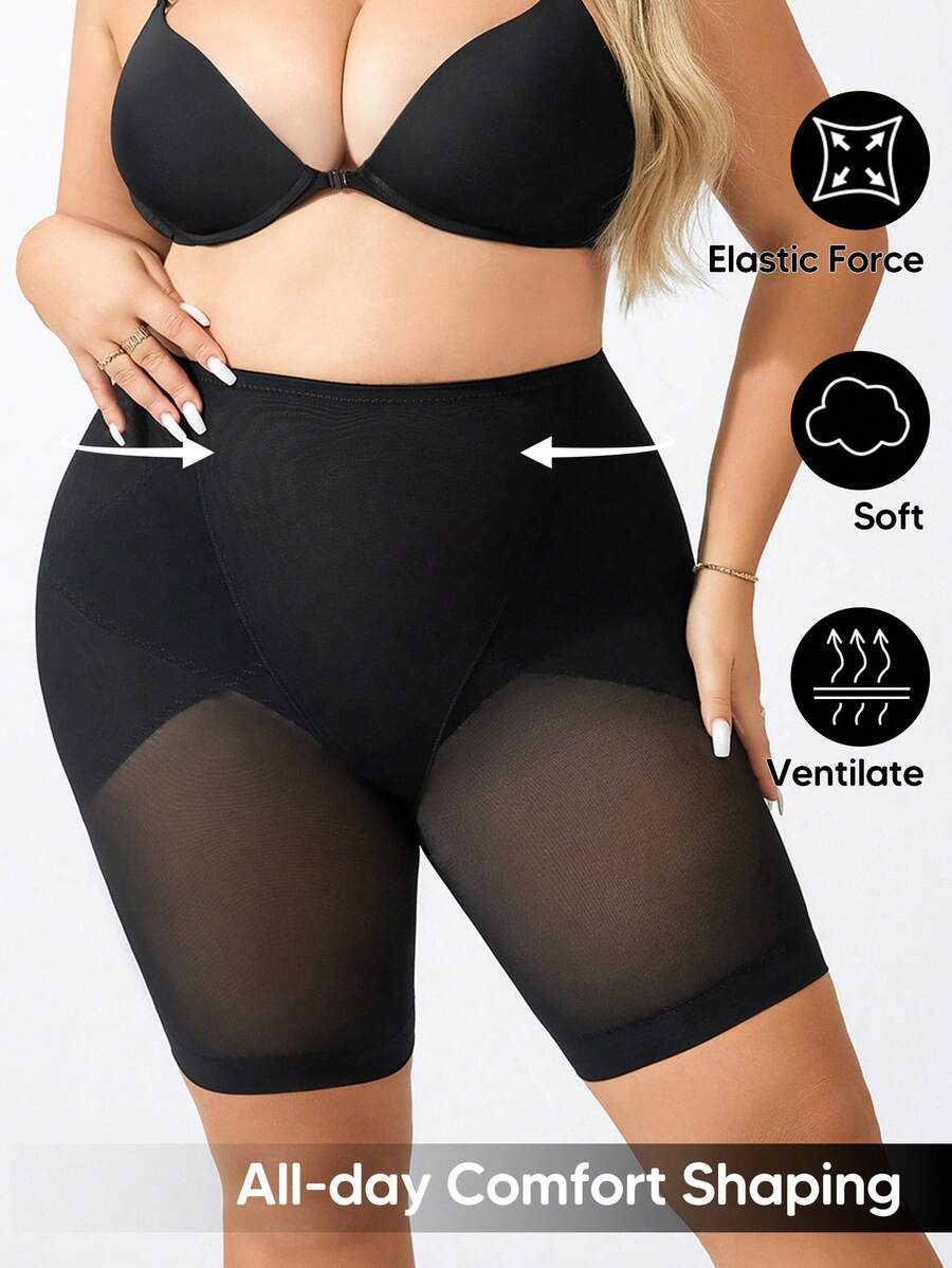 1 Stück Shapewear Shorts mit hoher Taille und Mesh für Damen in Große Größen, nahtlose Formwäsche für den täglichen Gebrauch - Schwarz - Übersicht 1