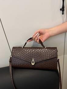 Woven Texture Vintage Design Casual Chic New Clasp Closure Casual Women Shoulder Handbag - Coffee - View 6