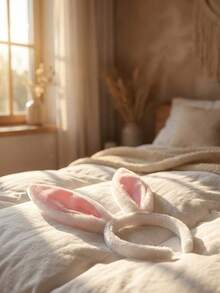 1pc Plush Rabbit Ear Headband, Cute Rabbit Ear Hair Hoop, Anime Cosplay Costume Accessory, Suitable For Easter Party, Photo Shoot Props, White And Pink - Multicolor - View 6