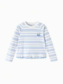 Balabala Mikko Girls Long Sleeve Tee, Crew Neck Design, Cute Character Print, Lightweight & Breathable, Spring Casual Top - Blue and White - View 1