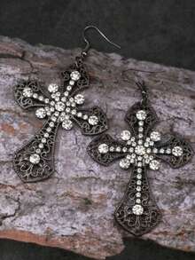 1 Pair Crystal Cross Earrings For Women, Suitable For Daily Wear - Black - View 2