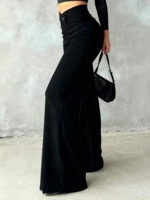 Women's Solid Black Casual Elegant Straight-Leg Pants, Back To School Asymmetrical V-Shaped Waistline Accentuates Curves, Suitable For Daily Wear, Office Commute, Dates, Holidays - Black - View 5