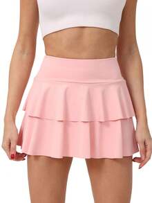 Women Mini Tennis Skirt Solid Color Double Layer High Waist Built-in Shorts Workout Skorts - Rosa - Ver 1