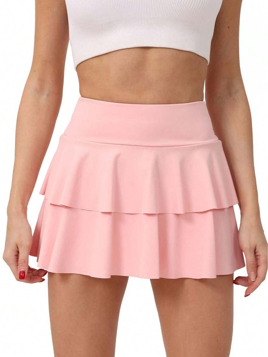 Women Mini Tennis Skirt Solid Color Double Layer High Waist Built-in Shorts Workout Skorts - Rosa - Ver 1