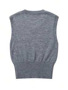Women's Solid Color Minimalist Casual Commute Versatile Sleeveless Knit Vest Top, V-Neck Ribbed Sweater, Grey, Spring/Summer - Grey - View 5