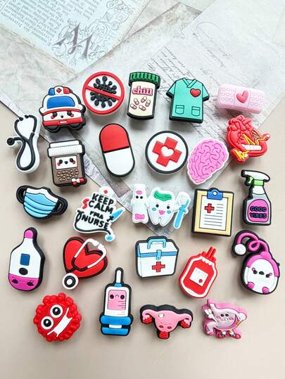 25 PCS Medical Healthcare Series, Medical Nurse Shoe Set, Suitable For DIY Jewelry, Necklaces, Earrings, Keychains, Shoes, Bags, Living Room Decoration, Indoor And Outdoor Use, With Detachable Decorations - Including Stethoscopes, Hearts, Hospital Staff - Perfect Gift For Nurse's Day, Christmas - Compatible With Sneakers, Boots - Creative Street Style Shoe Decorations, Nurse Gift