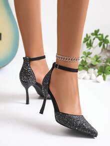 1 Pasang Sepatu Hak Tinggi Wanita Modis dengan Hiasan Payet dan Desain Berongga, Cocok untuk Aktivitas Luar Ruangan Sepanjang Musim - Hitam - View 3