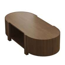MERAX Oval Fluted Coffee Table With Storage For Living Room, Rubber Solid Wood, 1 Shelf & 2 Open Storage Doors, 47", Walnut - 核桃 - 查看 8