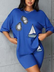 Women's Fashionable Versatile Short Sleeve T-Shirt And Leggings Set, Ocean Sailing Boat Pattern - Royal Blue - View 4