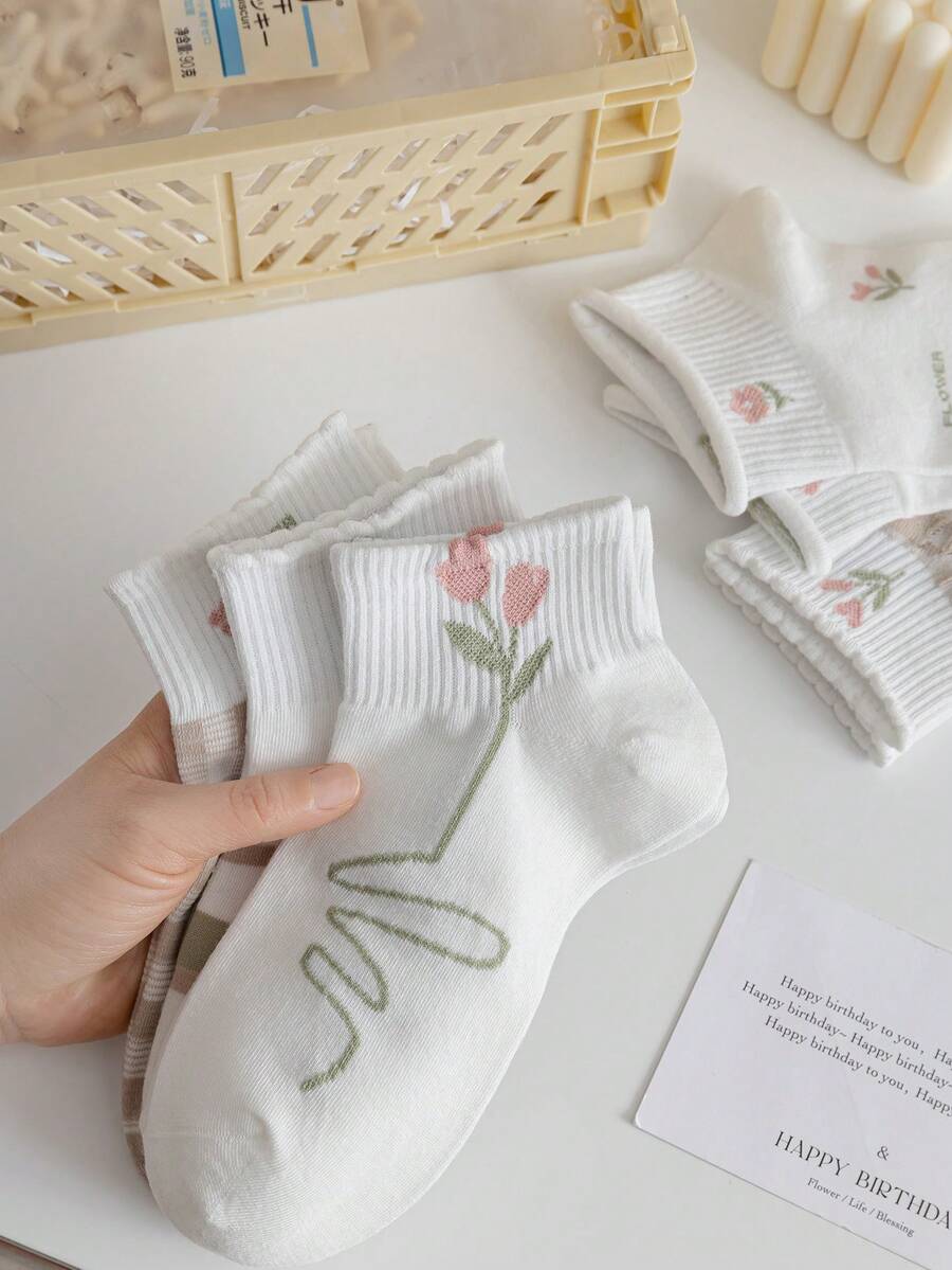 5 Pairs Women's Socks, Spring Ditsy Floral Ankle Socks, Vintage Plaid Socks With Lace, Suitable For Leather Shoes And Loafers - Multicolor - View 1