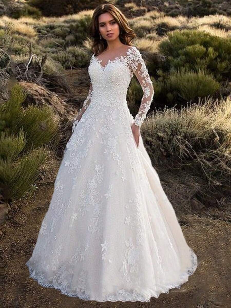 Long Sleeve Shoulder Bridal Wedding Dress Dress Long Dress - 白色 - 查看 1