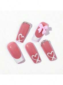 24pcs French Tip Press On Nails With Charms, Medium, Cute Bow, Long Square Shape, Acrylic Stick On Nails With Heart And Rhinestones Women Daily Wear, White - 彩色 - 查看 5